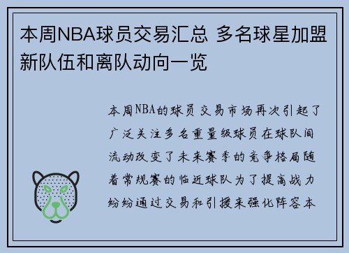 本周NBA球员交易汇总 多名球星加盟新队伍和离队动向一览