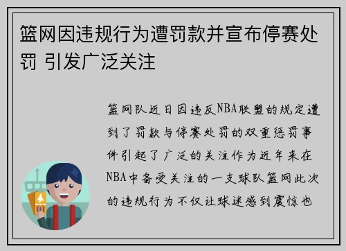 篮网因违规行为遭罚款并宣布停赛处罚 引发广泛关注