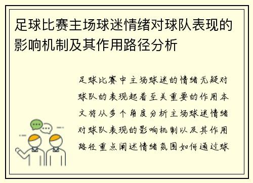 足球比赛主场球迷情绪对球队表现的影响机制及其作用路径分析
