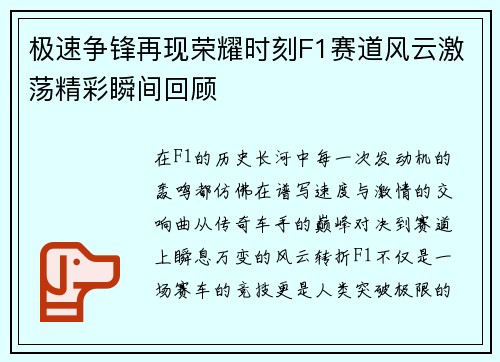 极速争锋再现荣耀时刻F1赛道风云激荡精彩瞬间回顾