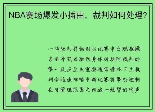 NBA赛场爆发小插曲，裁判如何处理？