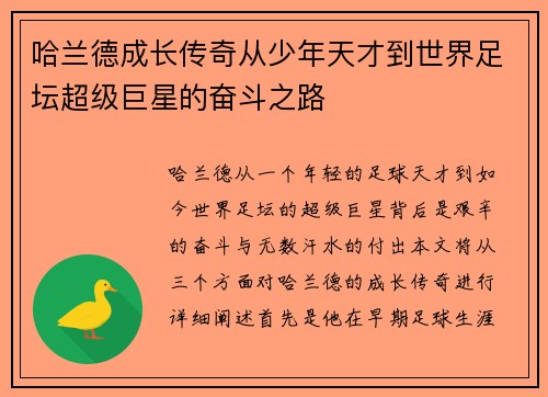 哈兰德成长传奇从少年天才到世界足坛超级巨星的奋斗之路 哈兰德成长传奇从少年天才到世界足坛超级巨星的奋斗之路